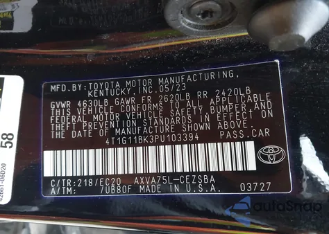 2023 Toyota Camry Se Night Shade z USA, uszkodzony, nr VIN 4T1G11BK3PU103394